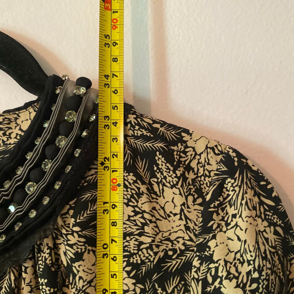 3.1 Phillip Lim Black Tan Floral Beaded Neck Silk 3/4 Sleeve Shift Dress size 2 - Picture 10 of 11